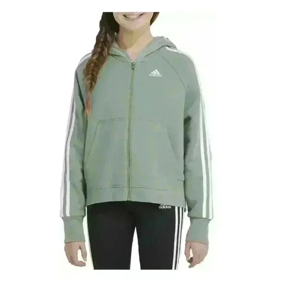 NWT Girls Adidas Zip Up Sweatshirt Hooded Fleece Silver Green Size Large 14 - Picture 1 of 7